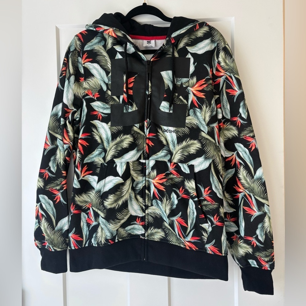 Vintage DC Shoes Hoodie MENS Size Medium Floral Hoodie Skateboard Logo Zip Up